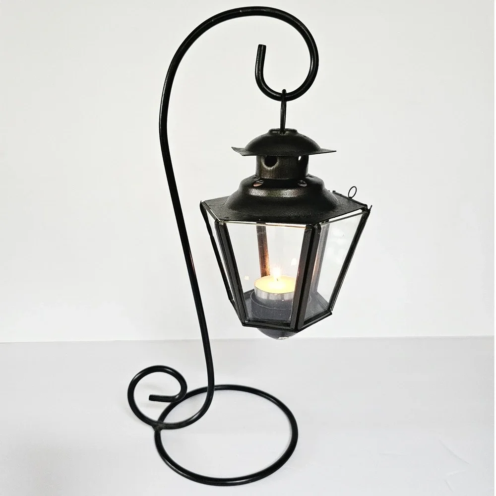 Vintage Indian Hanging Glass Lantern Black Metal Stand Gothic Witchy Home Decor